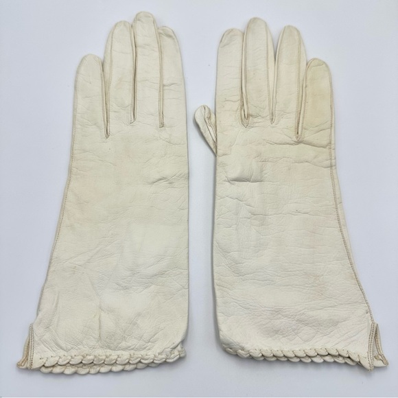 Strawbridge & Clothier 8 Real Kid Leather Washable Bone Pearl Leather Gloves - Picture 3 of 12
